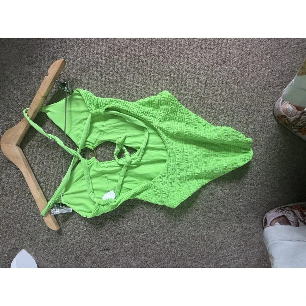 Neon Green Textured One Piece Swimsuit Open Back Ring Detail Criss Cross Size S